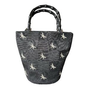 Talbots Vintage Black Embroidered Dragonfly Tote Bag with Bamboo-Style Handles
